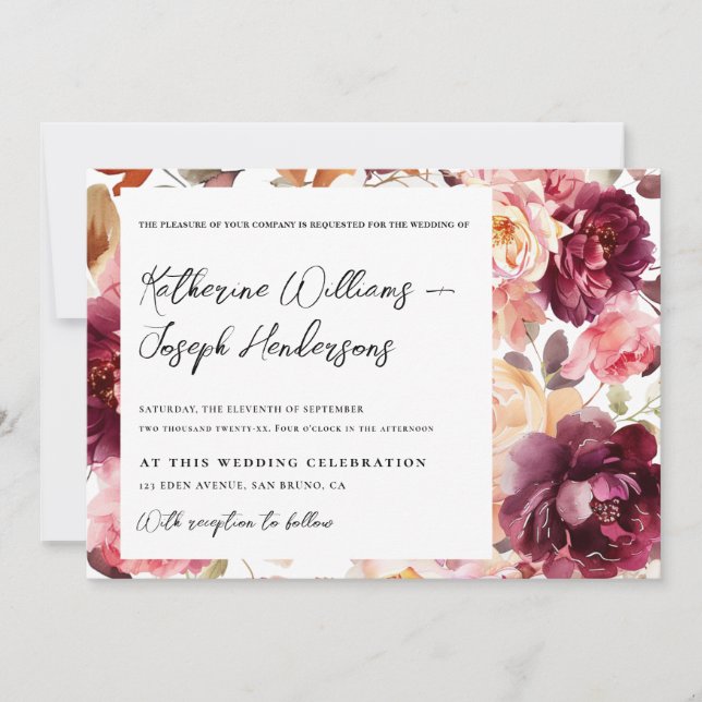 Invitation Jardin Burgundy écriture calligraphique Détails Ma (Devant)