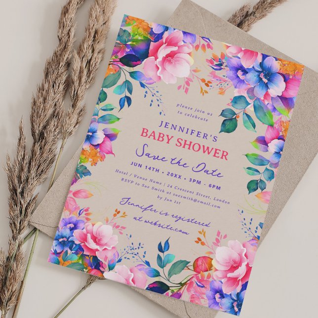 Invitation Jardin Chic Baby shower Floral Économisez Date Cha (Chic Garden Floral Baby Shower Save Date Champagne Invitation)
