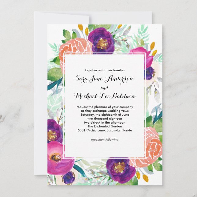 Invitation Jardin coloré Aquarelle Mariage floral (Devant)