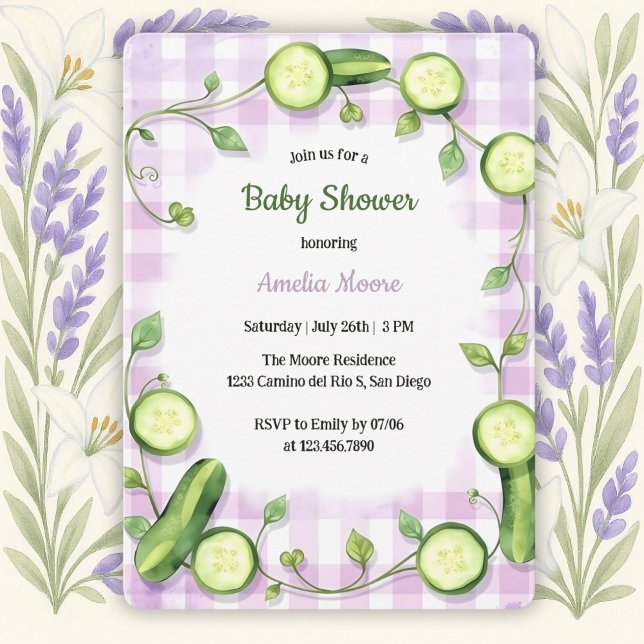 Invitation Jardin Cute Fraîche Thème Concombre Baby shower (Garden Cucumber Baby Shower Invitation – Whimsical & Fresh Design)