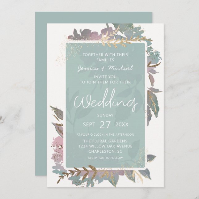 Invitation Jardin d'aquarelle Mariage floral Mauve & Mint Chi (Devant / Derrière)