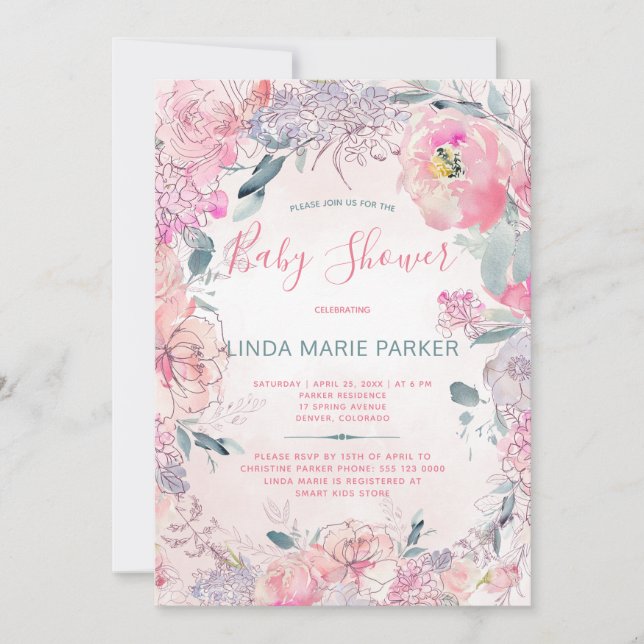 Invitation Jardin d'aquarelle rose vif baby shower rose (Devant)