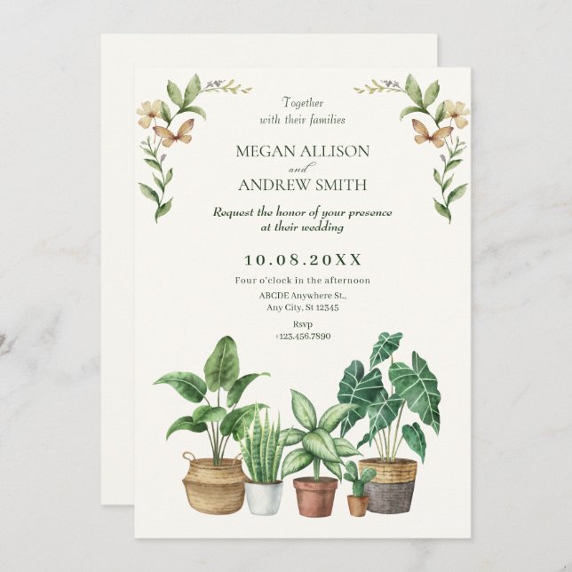 Invitation Jardin d'aquarelle verte mariage plante (Devant / Derrière)