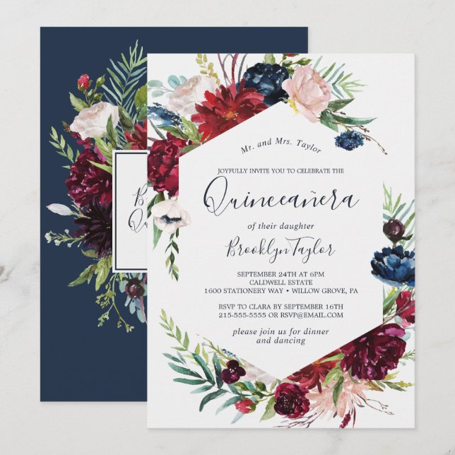 Invitation Jardin d'automne | Burgundy Quinceañera (Devant / Derrière)