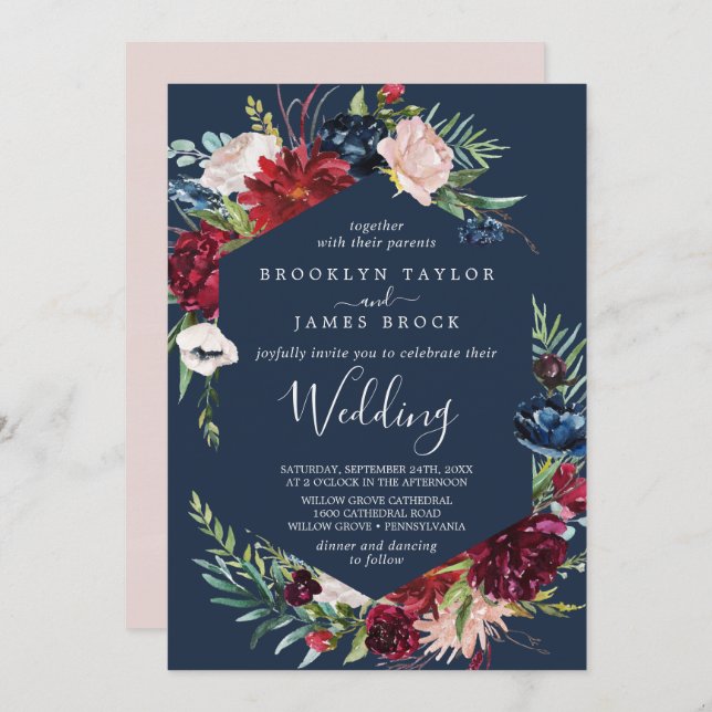 Invitation Jardin d'automne | Mariage bleu marine (Devant / Derrière)