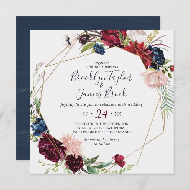 Invitation Jardin d'automne | Mariage Carré géométrique de Bo (Devant / Derrière)