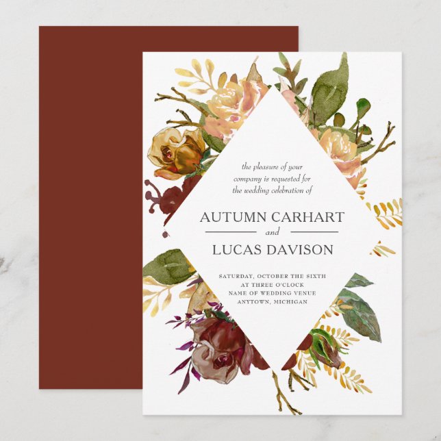 Invitation Jardin d'Automne Mariage Diamant Floral Rustique (Devant / Derrière)