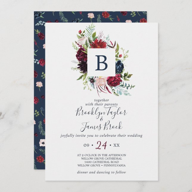 Invitation Jardin d'automne | Mariage Monogram Bourgogne (Devant / Derrière)