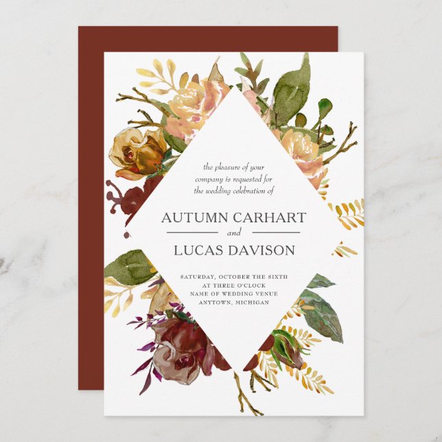 Invitation Jardin d'automne Rustique Floral Mariage diamant (Devant / Derrière)