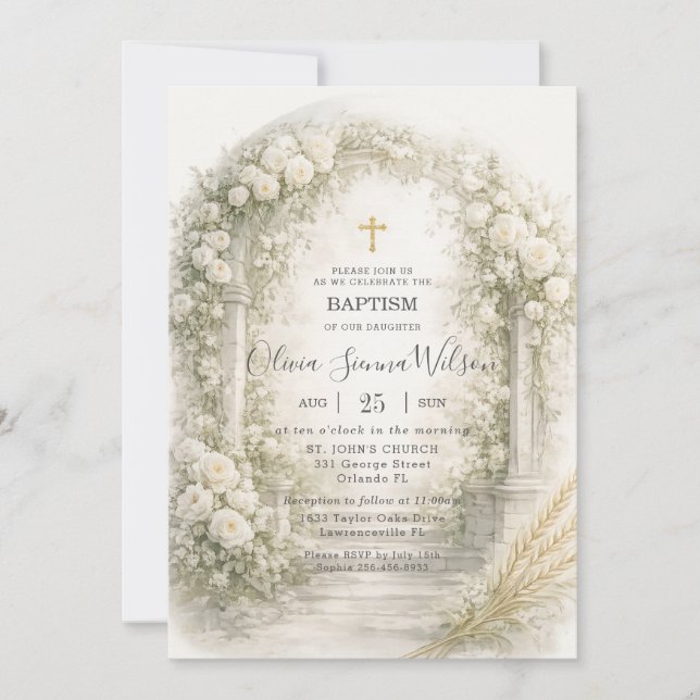Invitation Jardin de blé floral blanc baptême christmême (Devant)