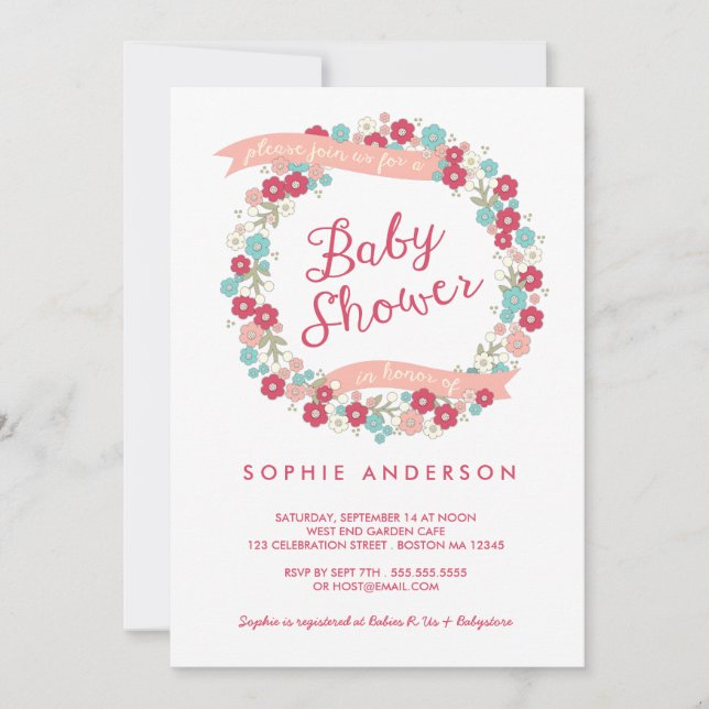 Invitation Jardin de charme Floral Wreath Girl Baby shower (Devant)