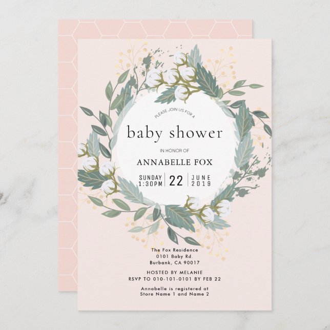 Invitation Jardin de Coton Rose Peach Baby shower de couronne (Devant / Derrière)