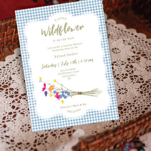 Invitation Jardin de Cottage Baby Shower Gingham Bleu Pouss
