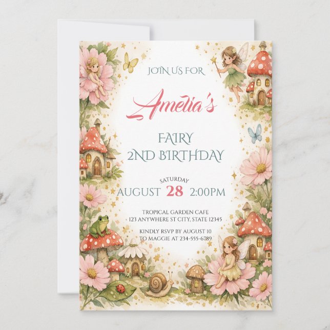 Invitation Jardin de Fées Anniversaire Magique à l'Aquarelle (Devant)