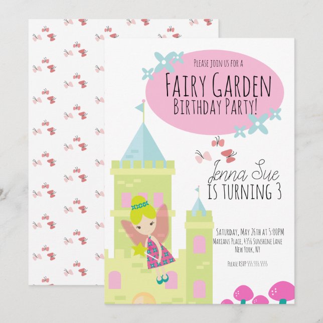 Invitation Jardin de Fées Château Papillons 1er Anniversaire  (Devant / Derrière)