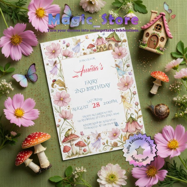 Invitation Jardin de Fées Fantaisiste Fleur Aquarelle Anniver (Créateur téléchargé)