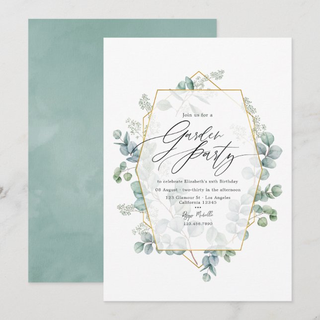 Invitation Jardin de fête Herbier Géométrique Eucalyptus Tend (Devant / Derrière)