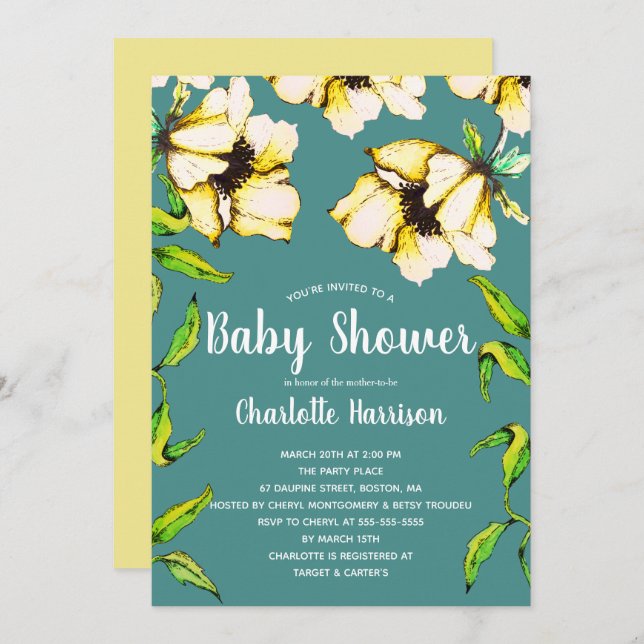 Invitation Jardin de fleurs jaune vif Baby shower (Devant / Derrière)