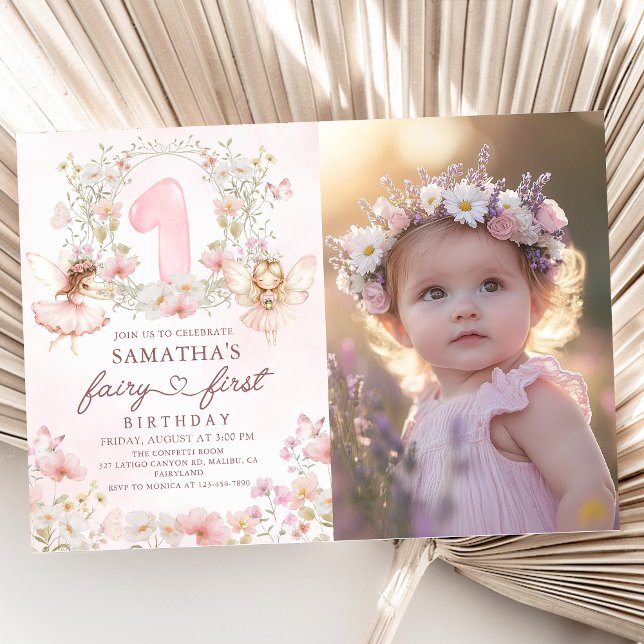 Invitation Jardin de fleurs rose fée premier anniversaire pho (Créateur téléchargé)