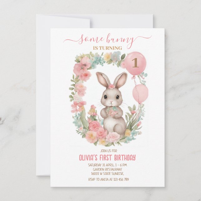 Invitation Jardin de fleurs roses Un lapin est en train de to (Devant)