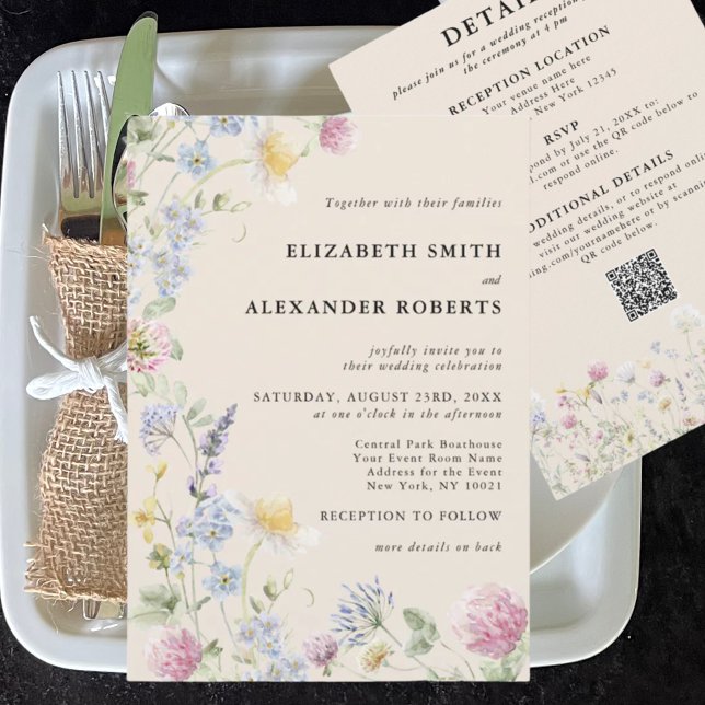 Invitation Jardin de Fleurs Sauvages Code QR 2 Faces Mariage (Créateur téléchargé)