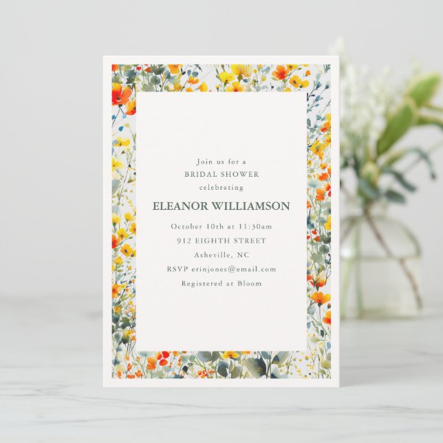 Invitation Jardin de fleurs sauvages orange jaune pour la dou (Debout devant)