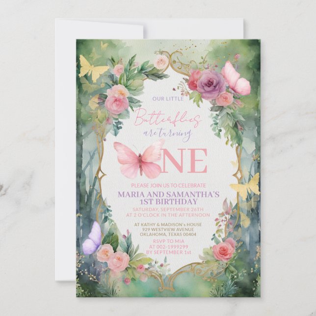 Invitation Jardin de forêt Fête d'anniversaire Papillon Rose  (Devant)