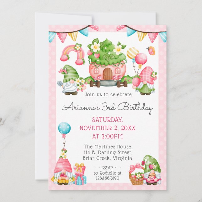 Invitation Jardin de gnomes aux fraises Anniversaire de petit (Devant)