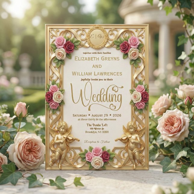 Invitation Jardin de l'ère Régence Cherub Monogramme Mariage (Créateur téléchargé)