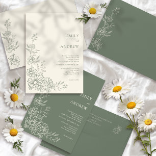 Invitation Jardin de Mariage Botanique aux Marguerites Vert S