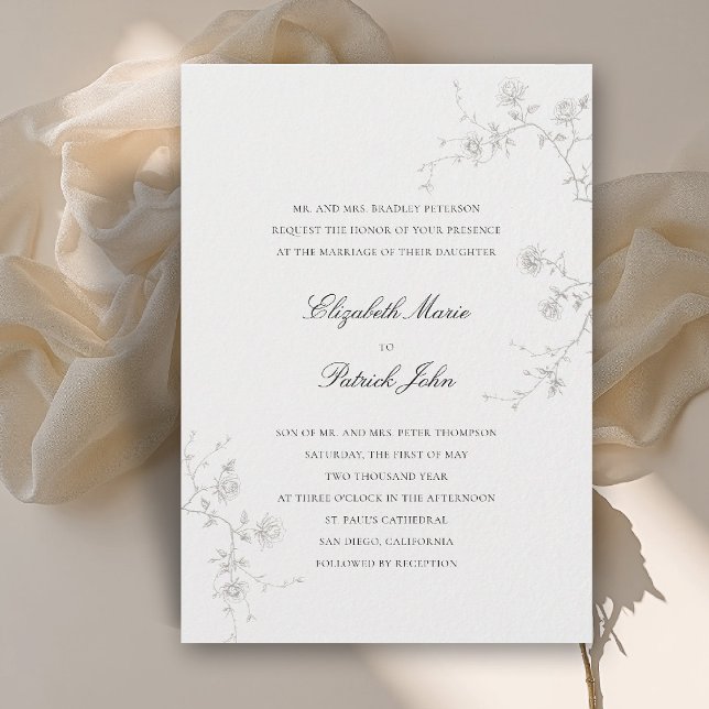 Invitation Jardin de Mariage Formel Moderne Classique aux Ros (formal wedding invitation modern classic wild roses garden sketch floral art calligraphy parent host)