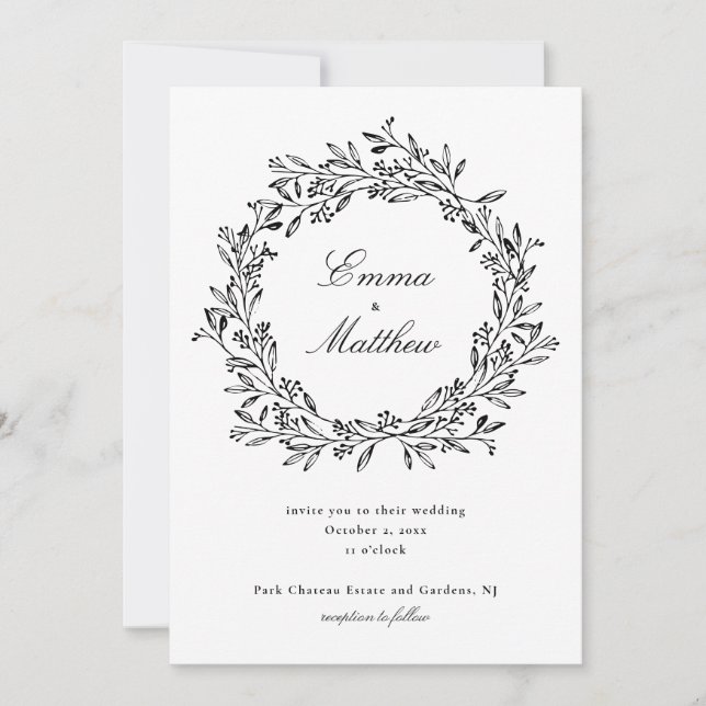 Invitation Jardin de prairie noir et blanc Dessin au trait Fl (Devant)