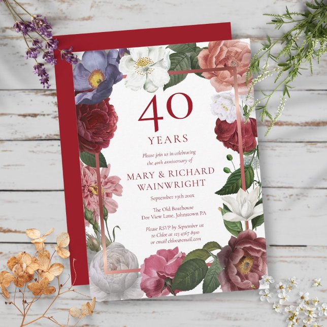 Invitation Jardin de roses pour les 40 ans de mariage rubis (40th Ruby Wedding Anniversary Rose Garden Invitation)