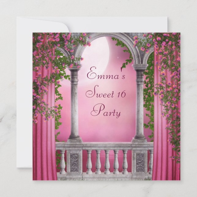 Invitation Jardin de roses roses fuchsia Fête douce 16 ans (Devant)