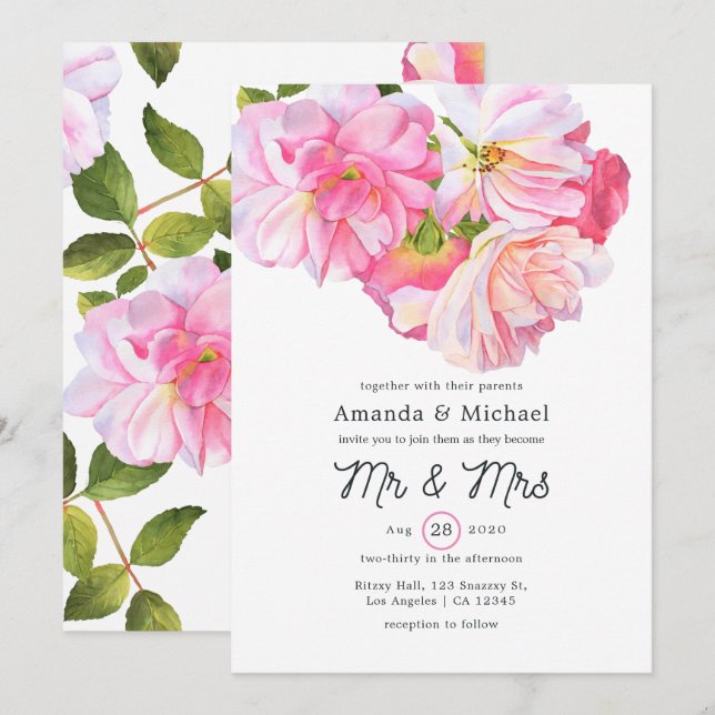 Invitation Jardin de roses roses mariage M. et Mme (Devant / Derrière)