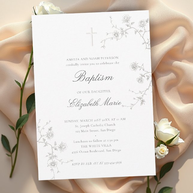 Invitation Jardin de roses sauvages Classique Moderne Formel  (baptism invitation party card classic elegant wild roses wildflowers holy cross christening blessing)