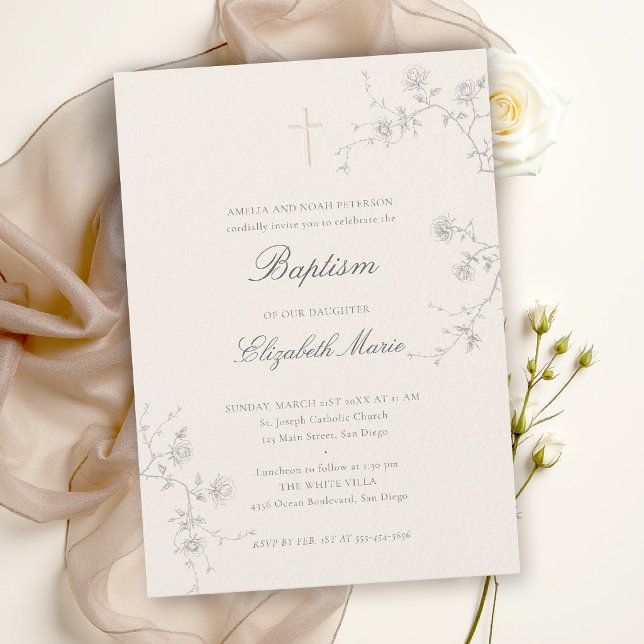 Invitation Jardin de Roses Sauvages Moderne Classique Ecru Ba (baptism invitation card classic elegant wild rose wildflowers holy cross christening blessing church)