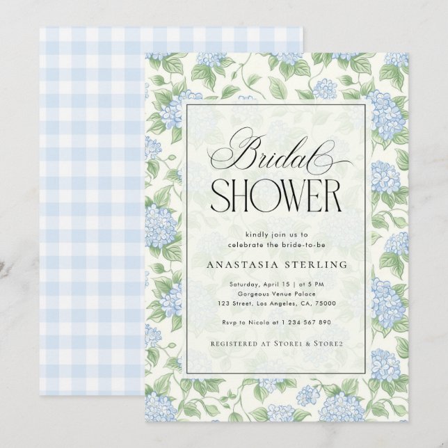 Invitation Jardin de Sauge Verte & Hydrangea Bleu : Baby Show (Devant / Derrière)