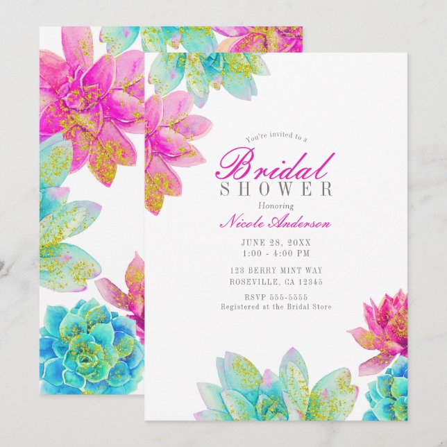 Invitation Jardin de Succulentes Rose Clair et Turquoise pour (Devant / Derrière)