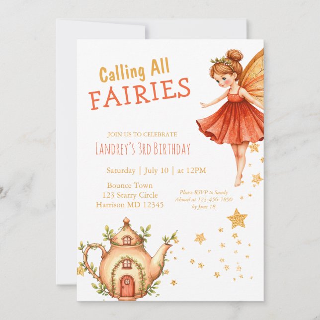 Invitation Jardin de Thé de Fée Enchantée Fête d'Anniversaire (Devant)