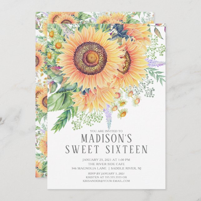 Invitation Jardin de tournesol Floral Sweet sixteen Party (Devant / Derrière)