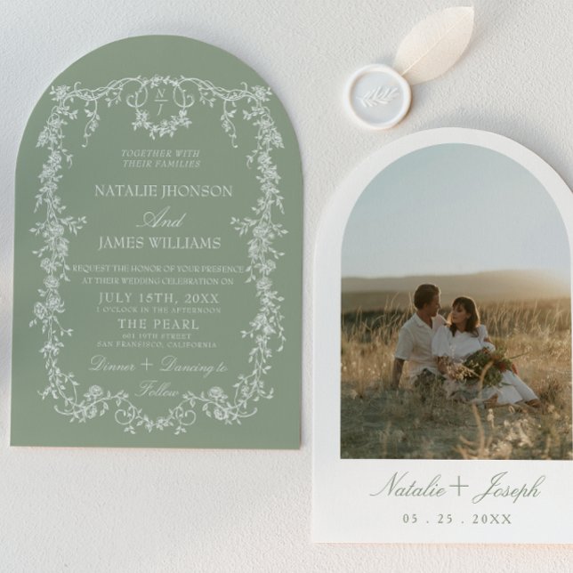 Invitation Jardin de verdure de sauge Monogramme Mariage voût (Créateur téléchargé)