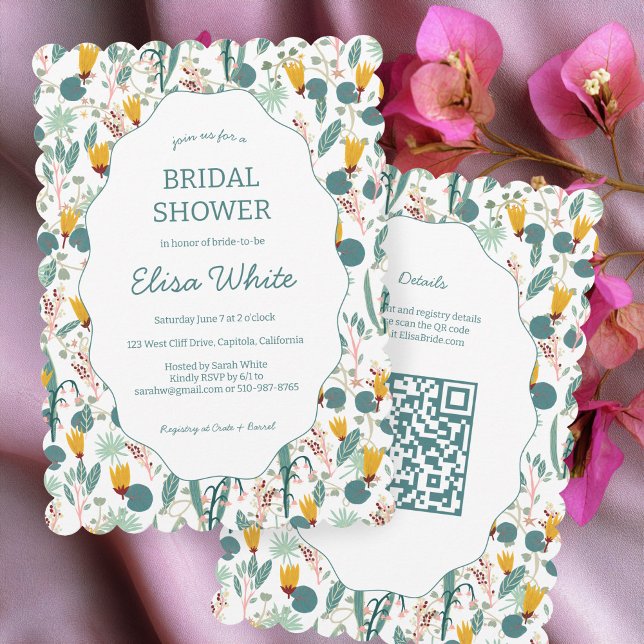 Invitation Jardin d'eau Fleurs Mariée douche personnalisée QR (Water Garden Floral Bridal Shower Cute CUSTOM QR Code Scalloped Invitation
)