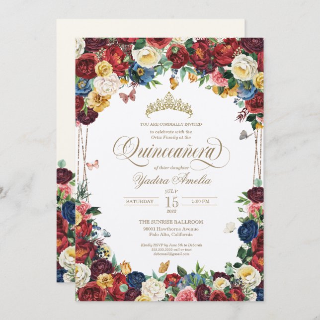 Invitation Jardin des papillons Coloré Floral Quinceanera (Devant / Derrière)