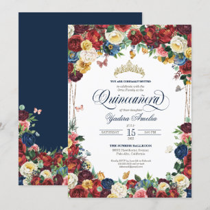 Invitation Jardin des papillons Royal Bleu Rouge Floral Quinc