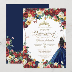 Invitation Jardin des papillons Royal Bleu Rouge Floral Quinc