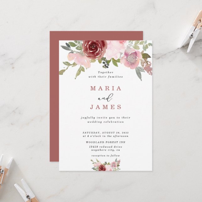 Invitation Jardin d'été Aquarelle Mariage floral (Devant/Arrière en situation)