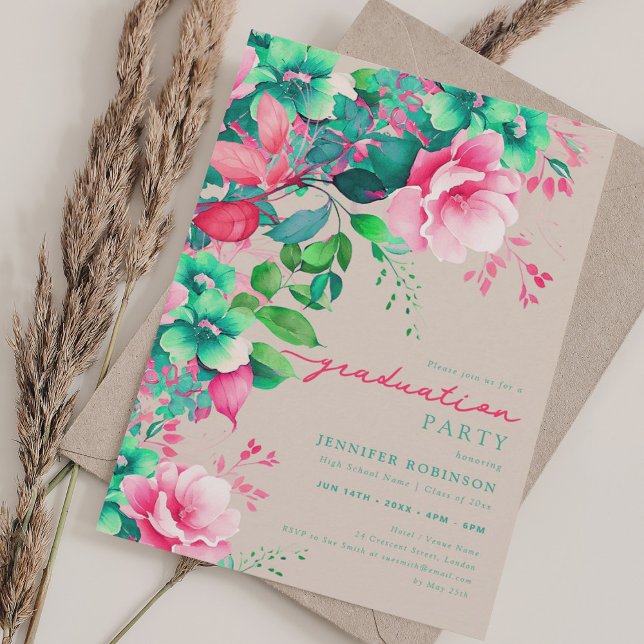 Invitation Jardin d'été chic Champagne de Graduation Florale (Chic Summer Garden Floral Graduation Champagne Invitation)
