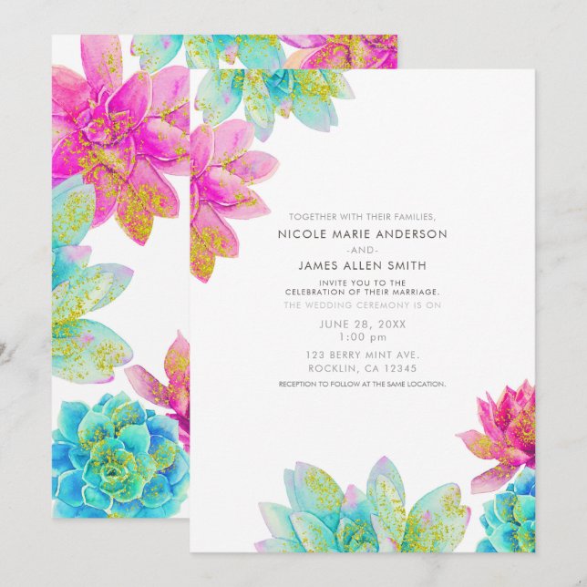 Invitation Jardin d'été de succulents sarcelle rose vif Maria (Devant / Derrière)