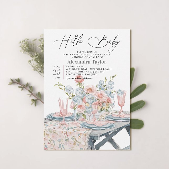 Invitation Jardin d'été Élégant Baby shower moderne neutre (garden party baby shower invitation summer watercolor painted neutral modern elegant classy stylish)